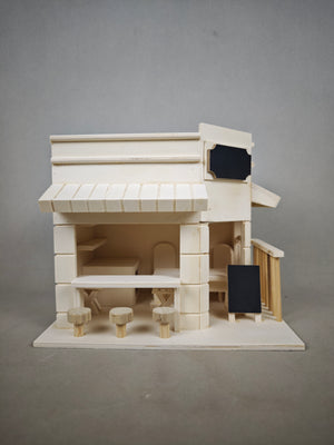 Creative wooden miniature shop figurine with a small blackboard and terrace, natural wood-toned tabletop decoration, handmade assembly model—perfect as a gift