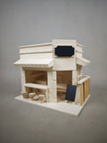 Creative wooden miniature shop figurine with a small blackboard and terrace, natural wood-toned tabletop decoration, handmade assembly model—perfect as a gift