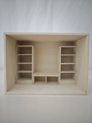 Miniature furniture model, wooden room scene decoration, solid wood bookshelf/office desk model, desktop ornament, handmade DIY cabin kit