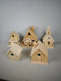 Hand-assembled wooden birdhouse, intricate architectural model birdhouse, raw wood white blank graffiti, creative stilt-house bird nest, garden decoration craft