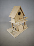 Hand-assembled wooden birdhouse, intricate architectural model birdhouse, raw wood white blank graffiti, creative stilt-house bird nest, garden decoration craft
