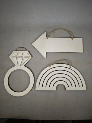 Wooden decorative sign， diamond ring/arrow/rainbow design, hemp rope tag, home wall decoration, DIY hand-painted white base